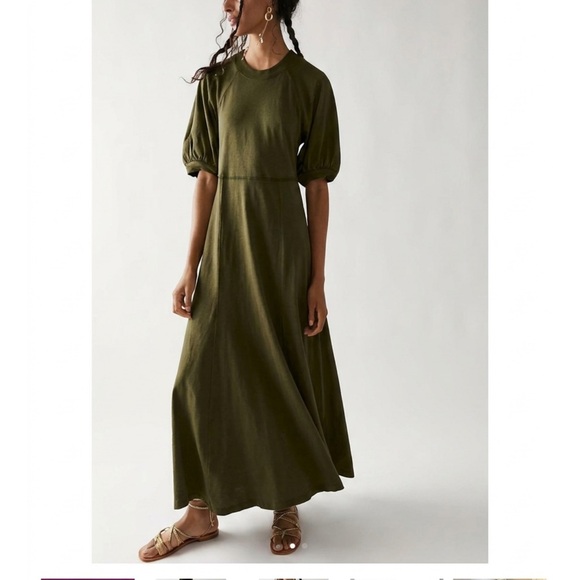 Free People Dresses & Skirts - Free People Beach Brentwood Puff Sleeve Maxi Olive Green Cotton Relaxed Fit-S